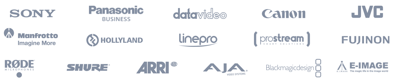 Sony, Panasonic, Datavideo, Canon, JVC, Manfrotto, Hollyland, Linepro, Prostream, Fujinon, Røde, Shure, ARRI, AJA, Blackmagic Design, E-Image